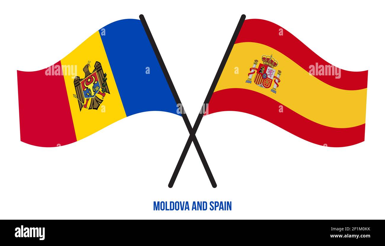 Moldavie et Espagne drapeaux croisés et ondulant le style plat. Proportion officielle. Corriger les couleurs. Banque D'Images