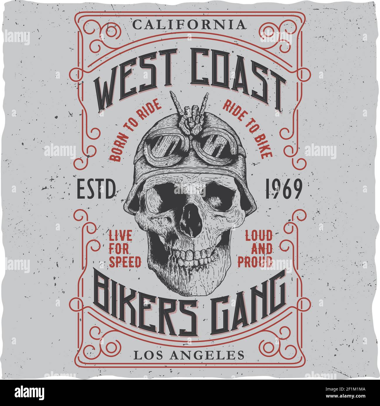 Affiche de groupe de motards de la côte ouest avec motif t-shirt et crâne dans l'illustration du vecteur casque de moto Illustration de Vecteur