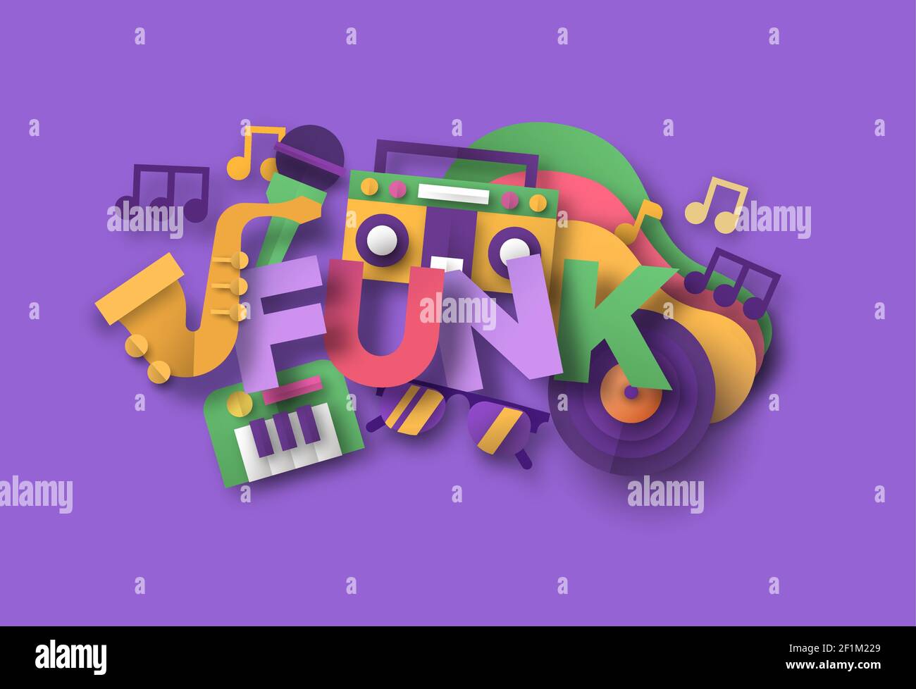 Illustration de style musical Funk avec icônes d'équipement musical en 3d. Groupe de groovy, festival ou spectacle de concert concept. Comprend microphone, sax Illustration de Vecteur
