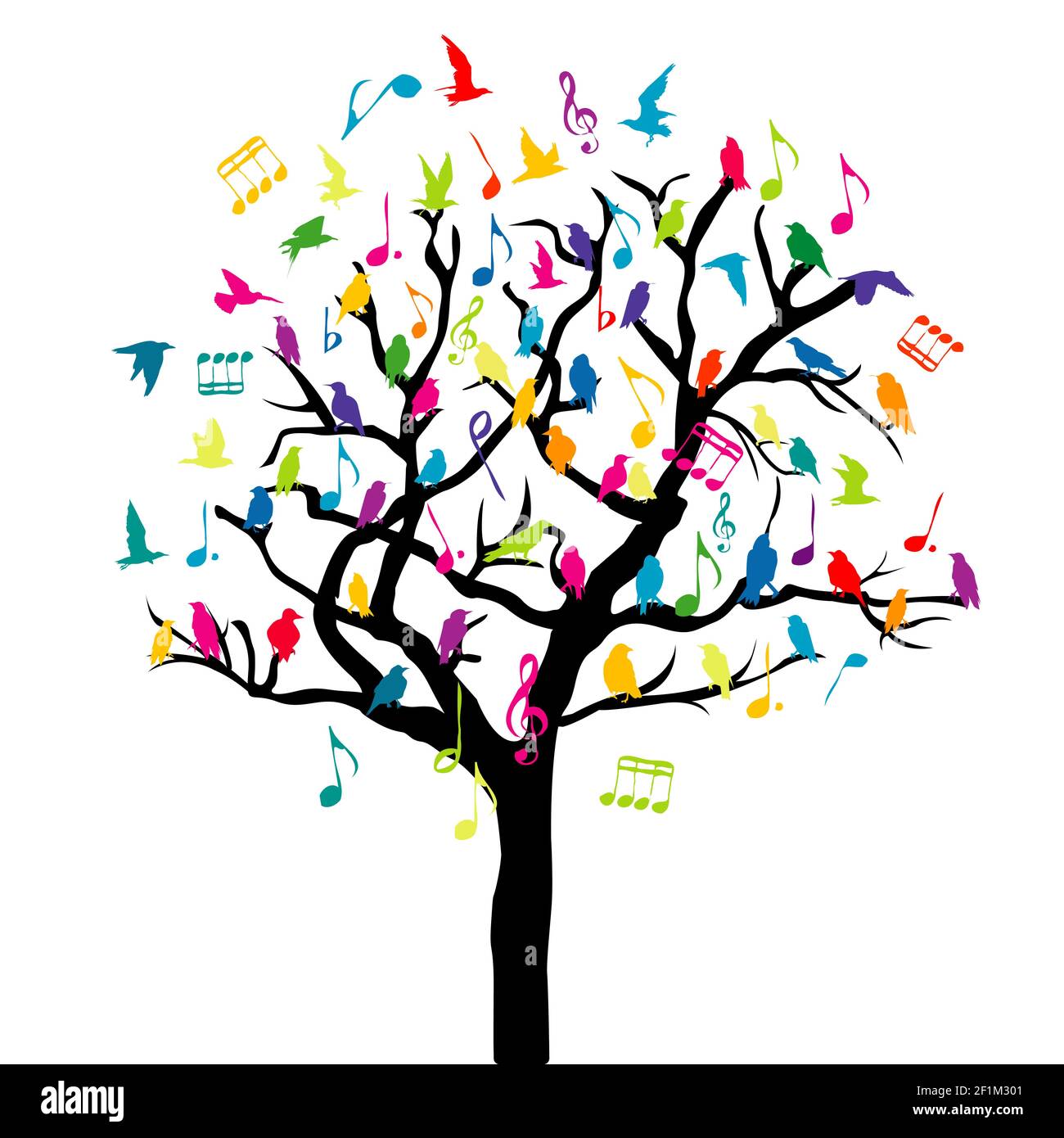 Concept de musique avec des oiseaux de couleur et des notes musicales sur un arbre Illustration de Vecteur