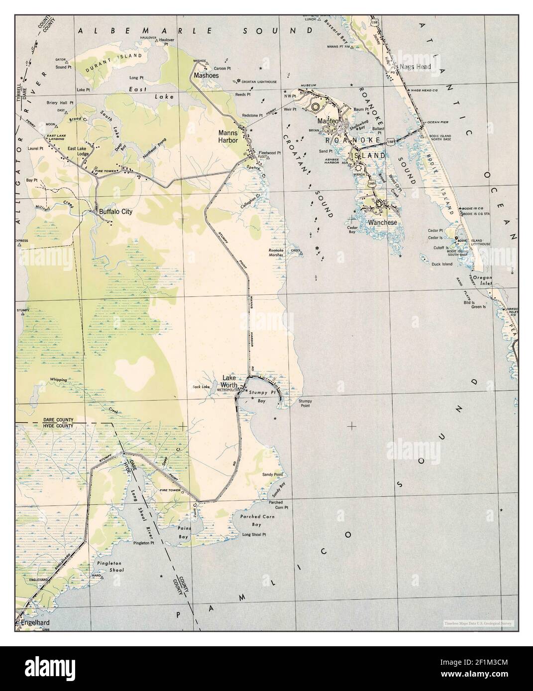 Roanoke Island, Caroline du Nord, carte 1943, 1:125000, États-Unis d'Amérique par Timeless Maps, données U.S. Geological Survey Banque D'Images