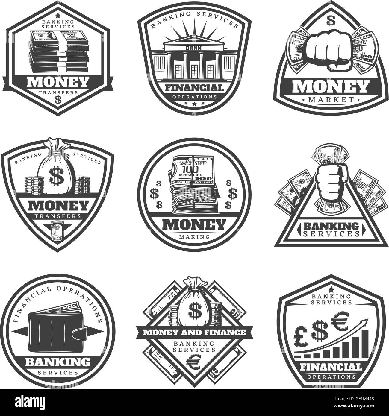 Ensemble d'étiquettes argent monochrome vintage avec inscriptions billets de banque en espèces illustration vectorielle isolée graphique de pièces de monnaie Illustration de Vecteur