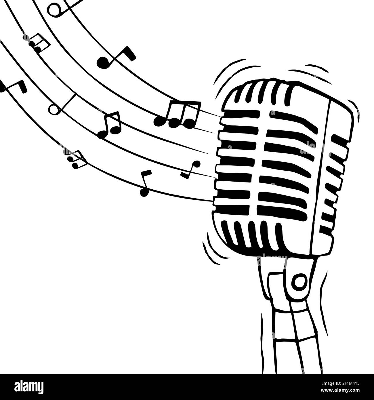 Microphone musical avec illustration de notes musicales pour un événement de chant ou concept de son vocal. Dessin animé à la main sur un arrière-plan isolé. Illustration de Vecteur