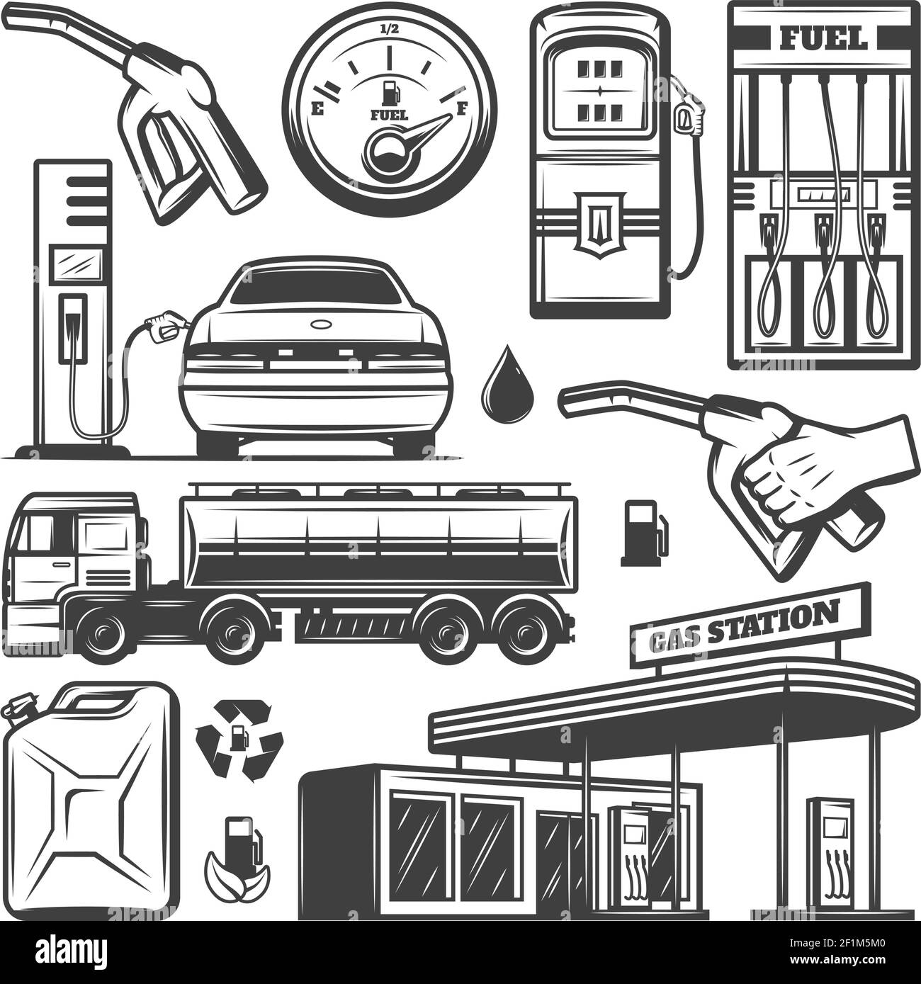 Collection d'icônes de station-service vintage avec réservoir de bâtiment pour le remplissage de voiture illustration vectorielle isolée des gicleurs de pompe à carburant du chariot à jauge à essence Illustration de Vecteur