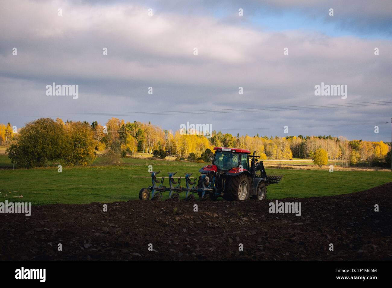 Le tracteur laboure le champ à l'automne Banque D'Images