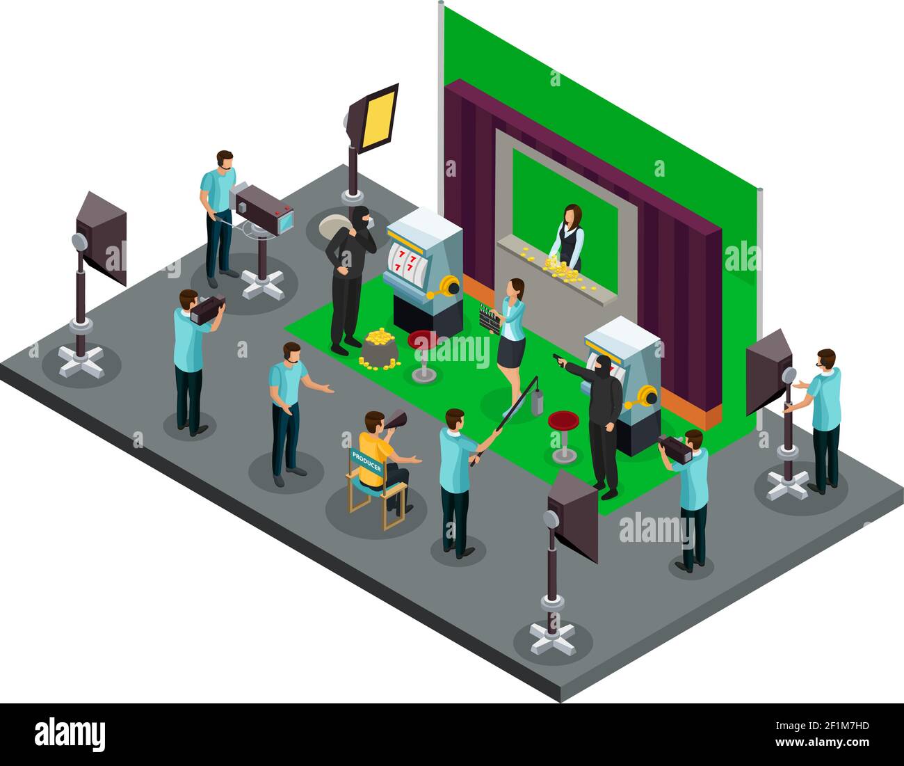 Concept de processus de prise de vue isométrique avec les illuminateurs et les acteurs du réalisateur réalisation d'une scène de vol de l'illustration du vecteur de film Illustration de Vecteur