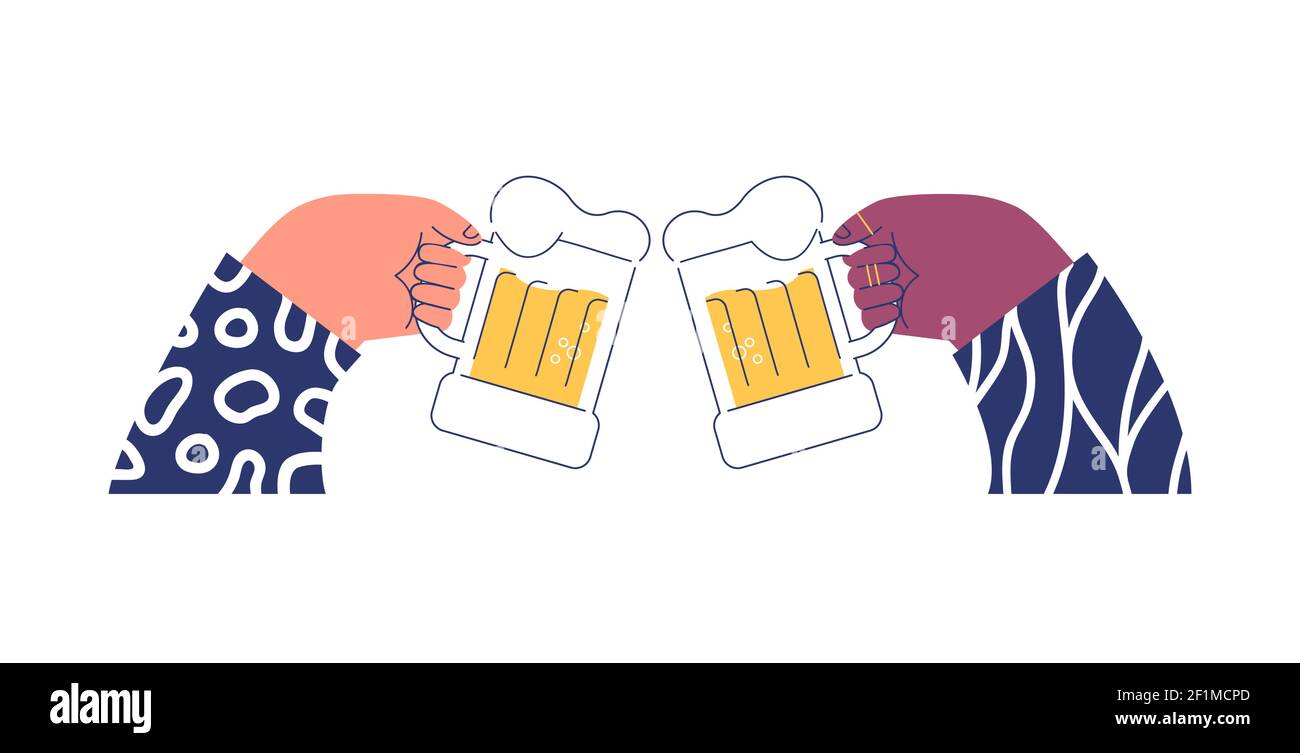 Deux personnes tiennent le verre à bière sur un fond blanc isolé. Illustration moderne de dessin animé plat pour le bar, la consommation d'alcool ou les célébrités sociales Illustration de Vecteur