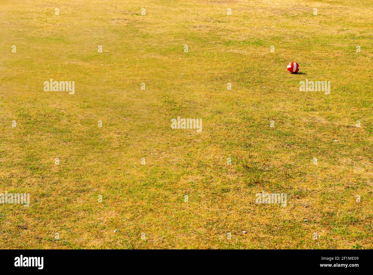 Vue latérale sur un seul, rouge avec des bandes blanches, boule sur le cadre de droite. Un terrain de football avec de l'herbe verte, séchée au soleil. Personne. Naturel Banque D'Images