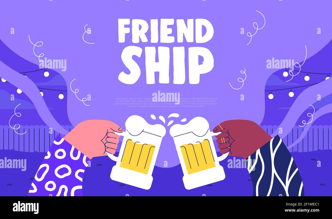 Happy Friendship Day modèle de Web illustration de meilleurs amis buvant du verre de bière. Motif de dessin animé de toast ami pour les fêtes de la relation. Illustration de Vecteur