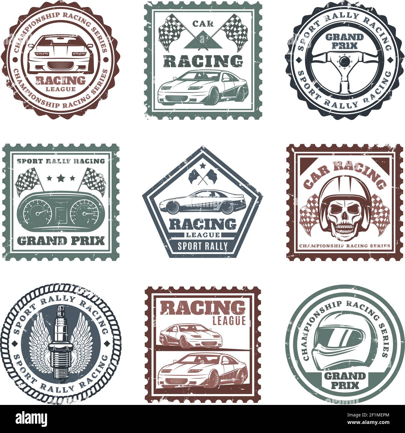 Jeu de timbres de course de voiture de sport vintage avec inscriptions automobiles direction illustration vectorielle isolée des drapeaux de bougie d'allumage du casque à tête de tête de planche de bord de roue Illustration de Vecteur