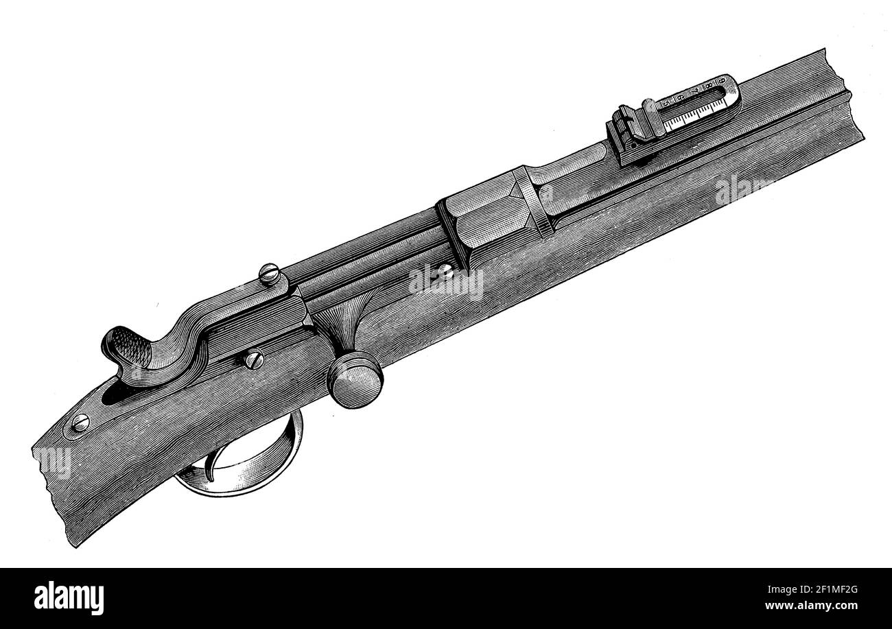 Chassepot, officiellement connu sous le nom de Fusil modèle 1866, était un fusil militaire à chargement par boulons, France / Chassepotgewehr, ein französisches Infanteriegewehr M 1866, ein gezogener lader vom Typ des Zündnadelgewehr, geschlossen und abgedrückisch, Hinterdestückt, 1880, Historical Histordückhaus, Hinterest, illustration Digital reproduction améliorée d'un original du 19ème siècle / digitale Reproduktion einer Originalvorlage aus dem 19. Jahrhundert, Banque D'Images