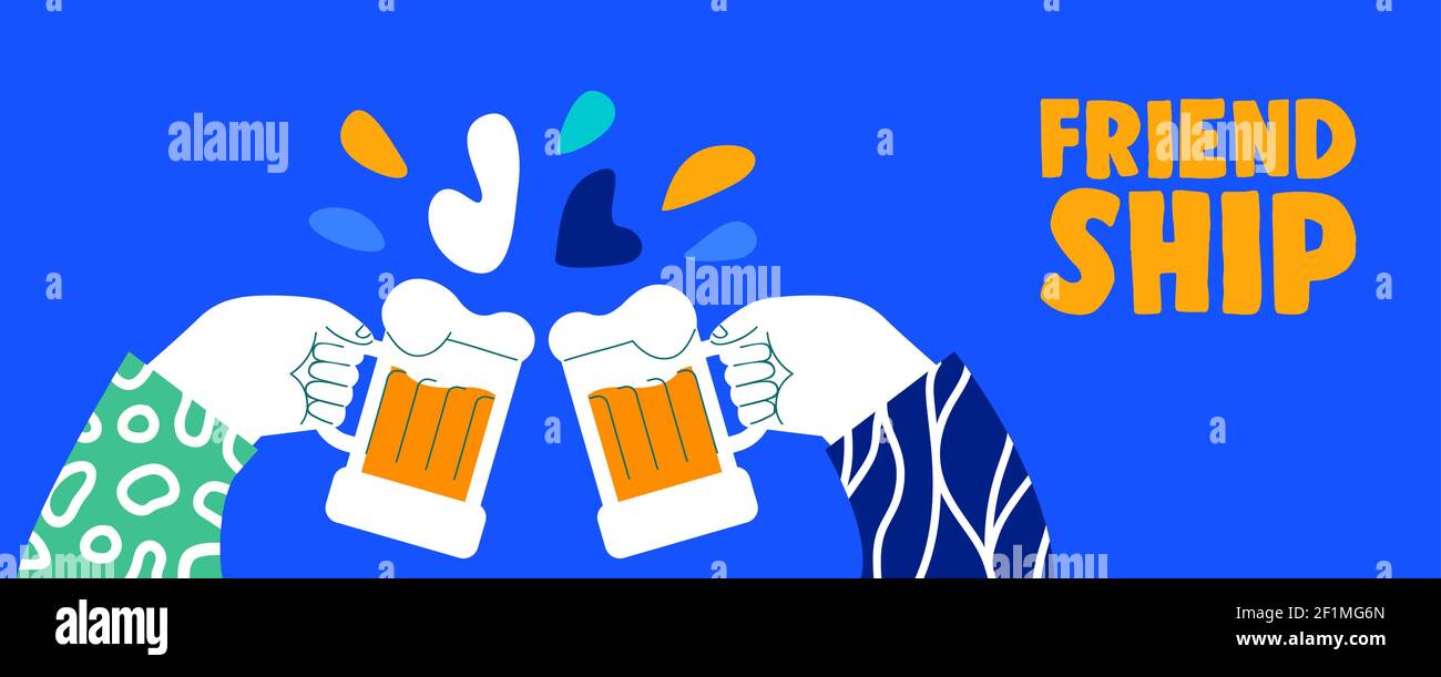 Happy Friendship Day bannière web illustration des mains d'un ami tenant le verre de bière. Les amis ont un motif de dessin animé pour célébrer les fêtes de la relation. Illustration de Vecteur