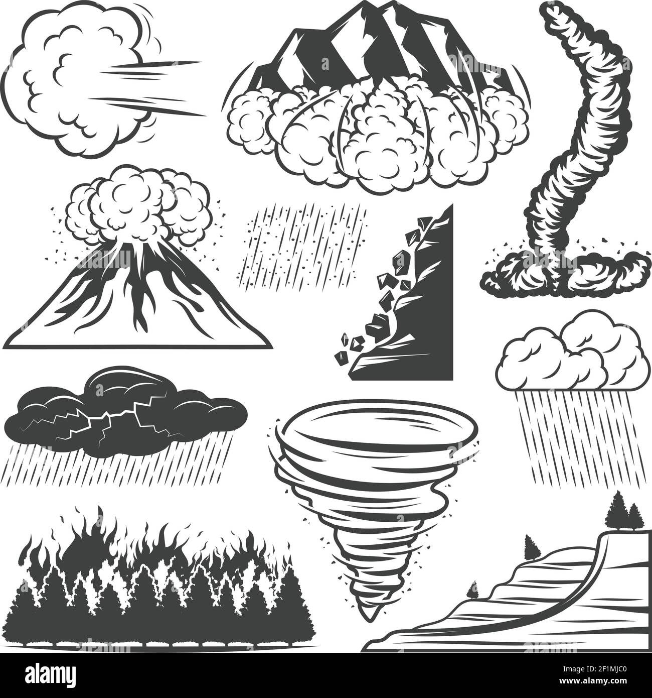 Collection vintage de catastrophes naturelles avec éruption du volcan de la tornade tempête précipitations grêle orage glissement de terrain avalanche feu de forêt vecteur isolé illus Illustration de Vecteur