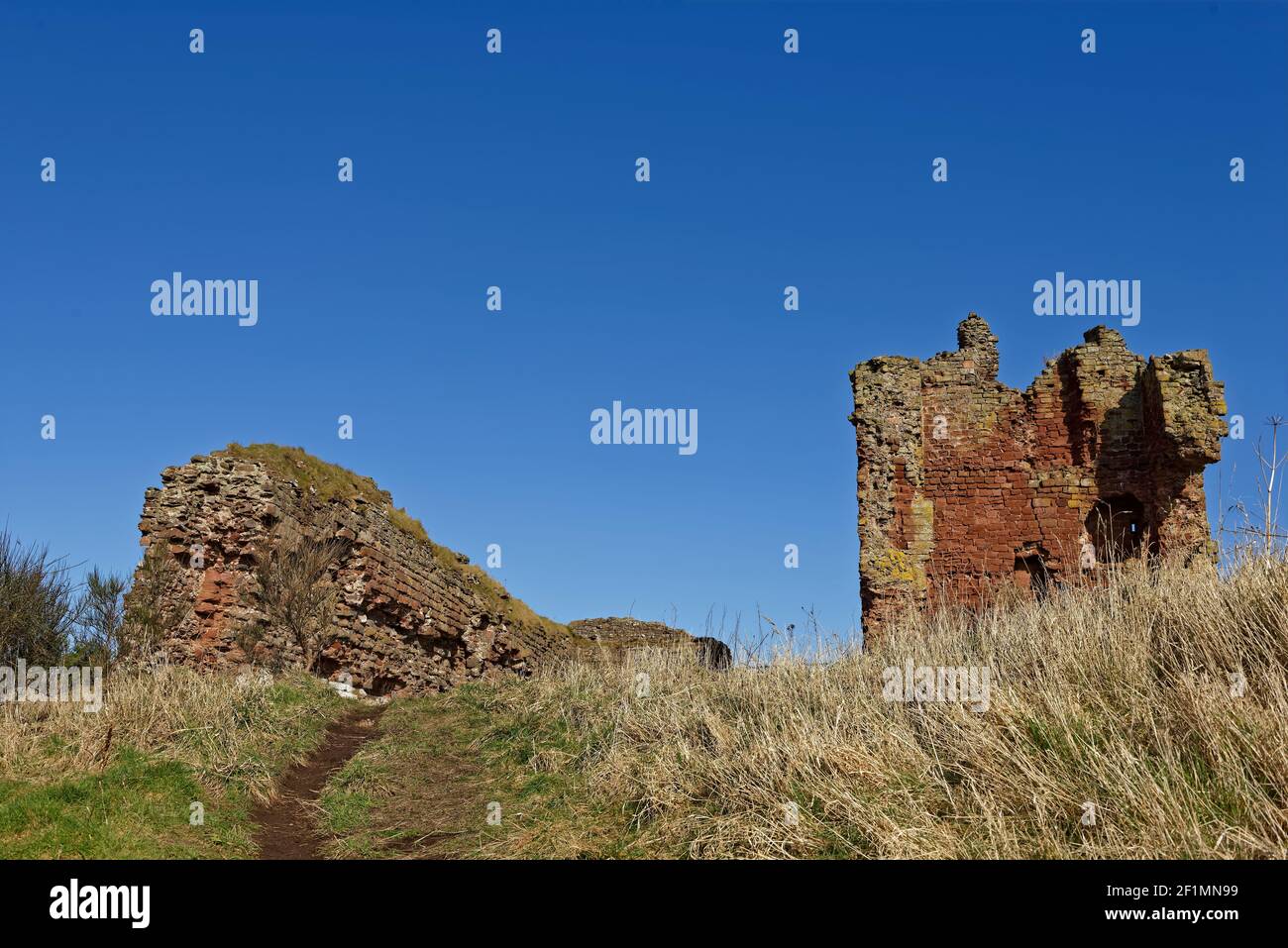 Le mur-rideau et le garde du Château Rouge à Lunan Bay, tout ce qui reste de ce petit château écossais avec des liens avec Robert le Bruce. Banque D'Images