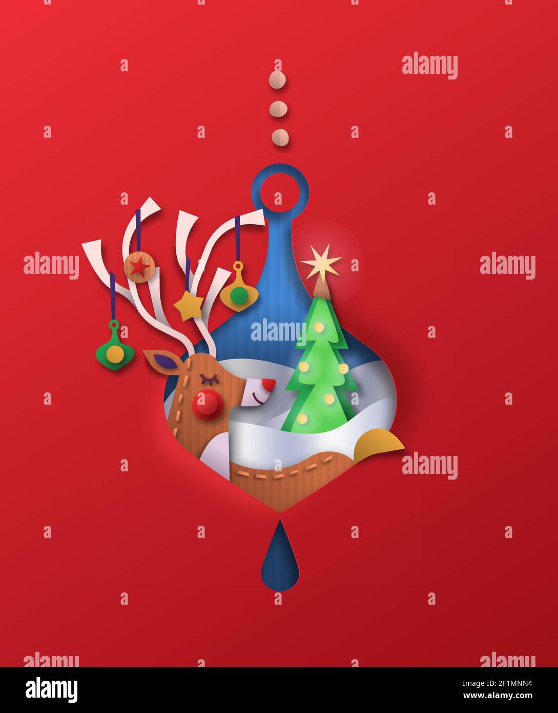 Concept d'ilustraation de caricature de paper-cut de Joyeux Noël. Adorable cerf de rein à l'intérieur boule ornement forme faite en carton papier matériel avec des vacances Illustration de Vecteur