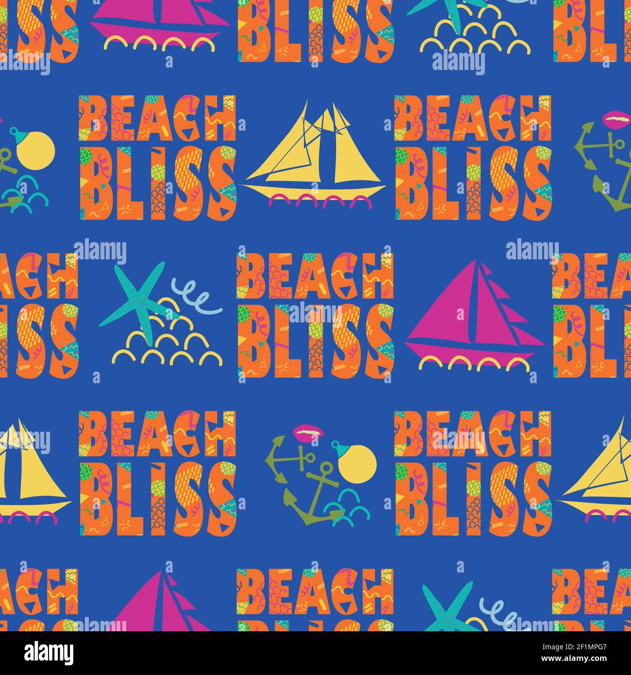 Beach Bliss typographie vecteur sans couture motif arrière-plan.Tropical couleur memphis design text,voiliers, ancres,étoiles de mer, coquillages. Plaisir nautique Illustration de Vecteur