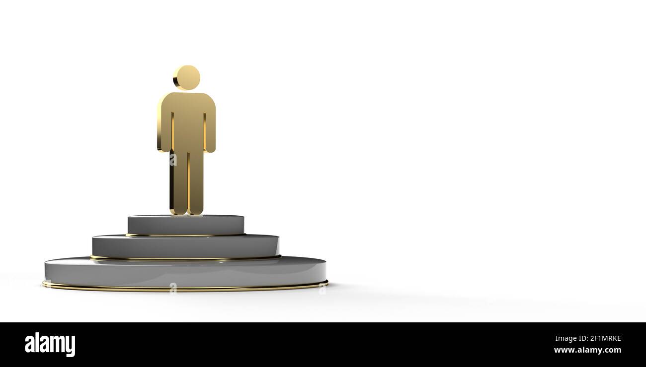 Scène studio géométrique avec formes de podium de scène ronde. Symbole Golden Stick MAN sur le socle de la salle d'exposition. Composition de plate-forme minimaliste. Rendu 3D Banque D'Images