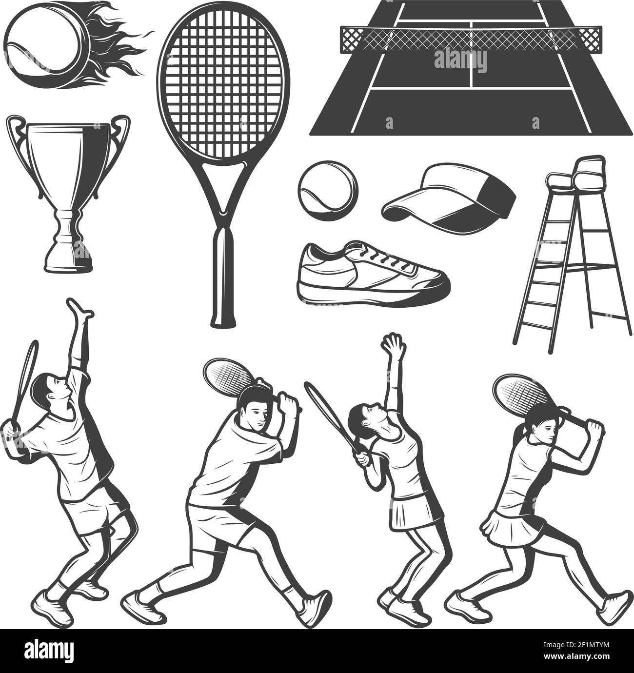 Collection vintage d'éléments de tennis avec raquette de balles de tennis de tasse de joueur illustration vectorielle isolée de la casquette de basket et de la chaise de juge Illustration de Vecteur