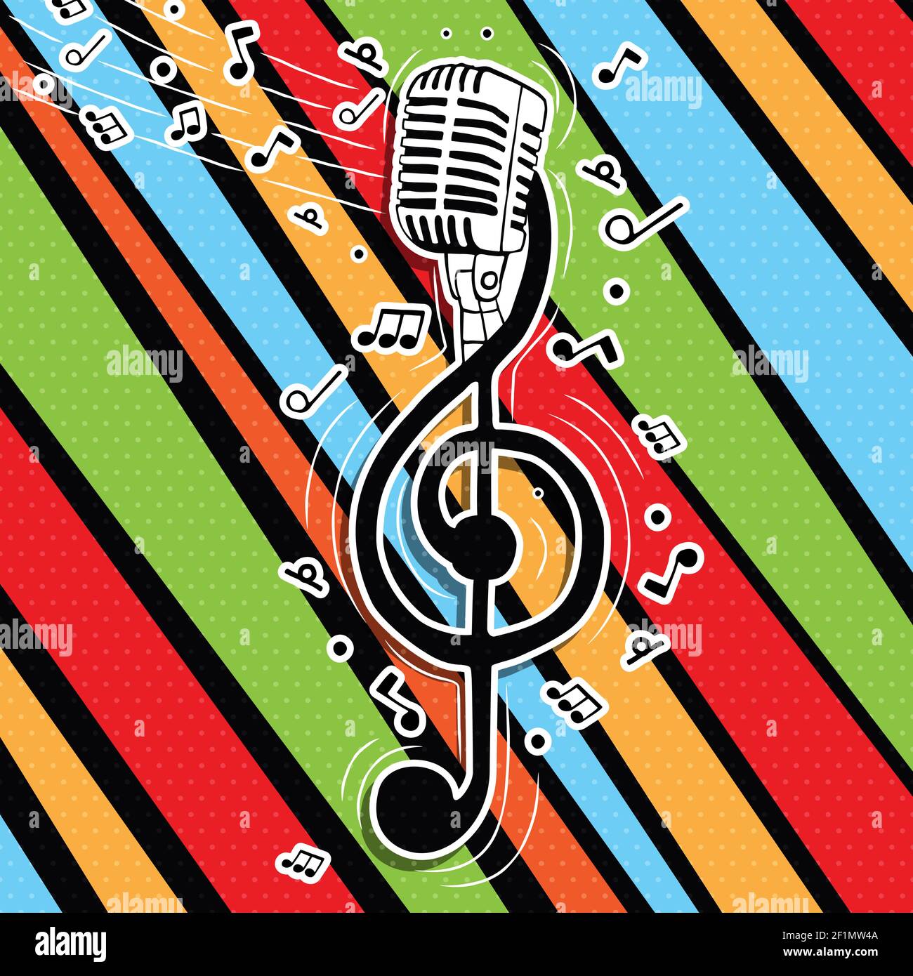 Symbole de clé musicale avec équipement de microphone et notes musicales sur fond rétro coloré. Illustration de Vecteur