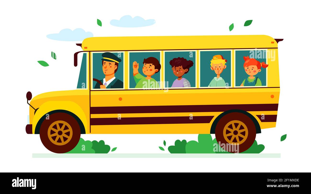 Enfants dans le bus scolaire - illustration de style plat coloré avec des personnages de dessin animé. Éducation et apprentissage. Joyeux enfants, garçons et filles, f Illustration de Vecteur