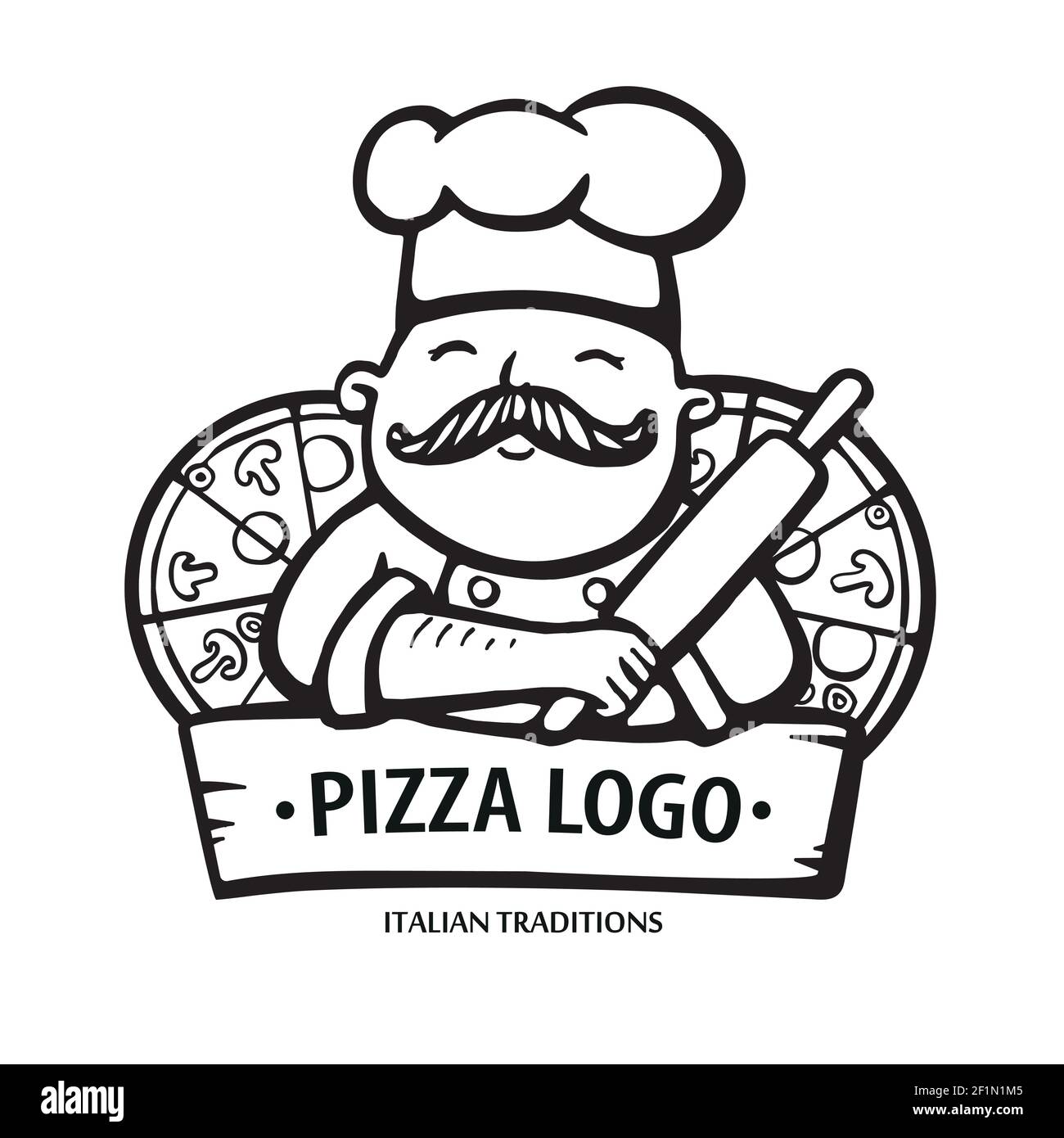Logo pizza. Illustration vectorielle dessinée à la main d'une cuisinière de chef avec une moustache et des pizzas. Logo du chef italien. Illustration de Vecteur