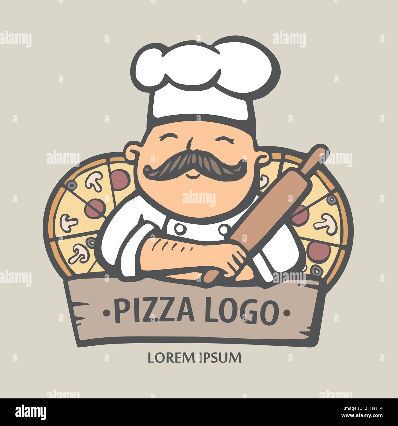 Logo pizza. Illustration vectorielle dessinée à la main d'une cuisinière de chef avec une moustache et des pizzas. Logo du chef italien. Illustration de Vecteur