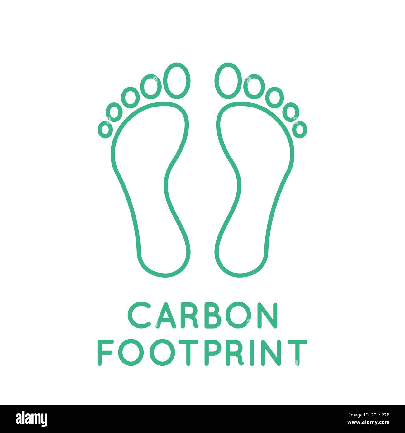 Icône de ligne d'empreinte carbone. Empreintes de CO2 vertes avec texte. Contour de deux pieds. Pollution par les gaz toxiques, concept de réchauffement de la planète. Dommages environnementaux. Illustration de Vecteur