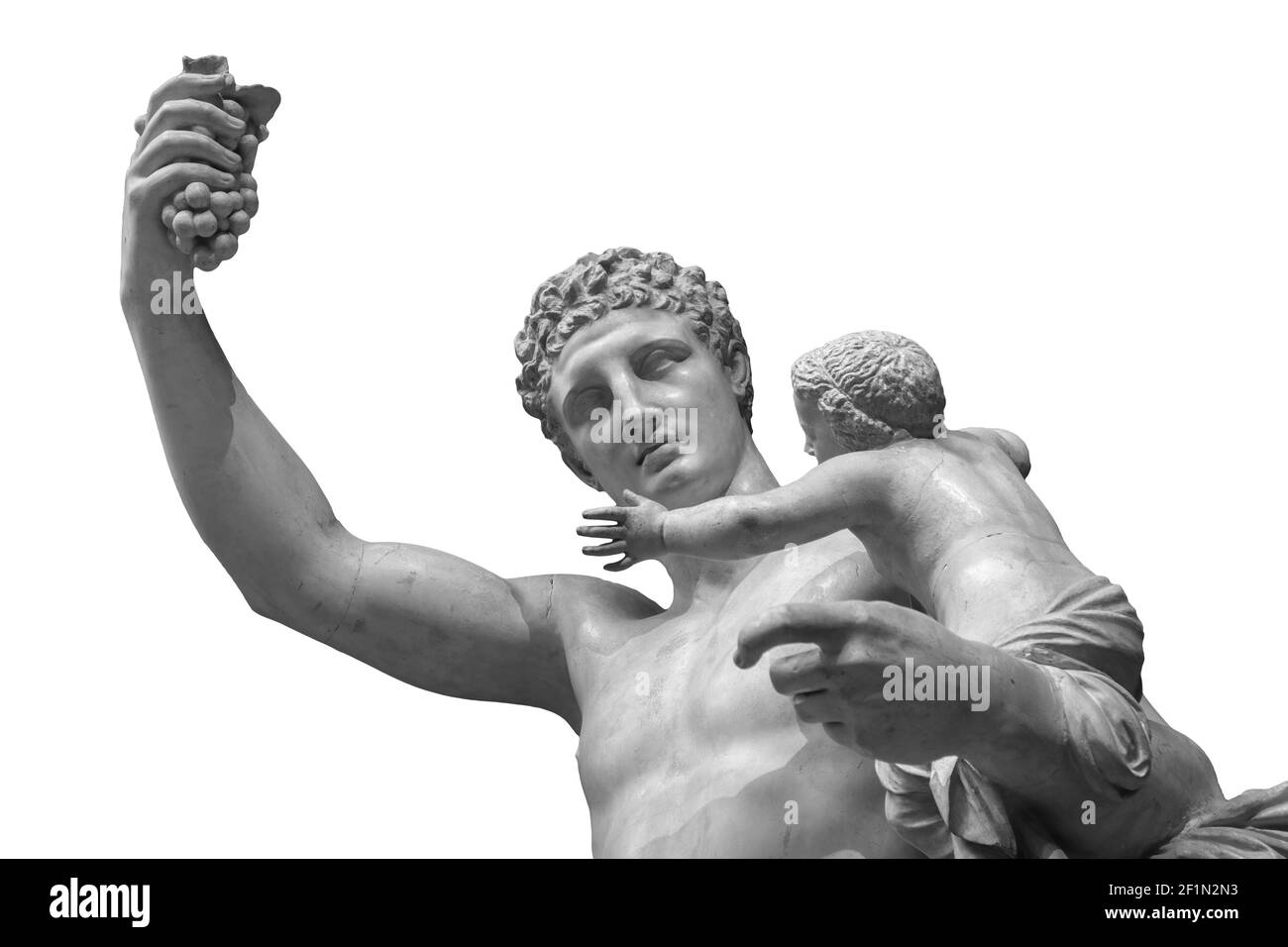 Statue de Dionysos ou de Bacchus avec bouquet de raisins isolés sur blanc Banque D'Images