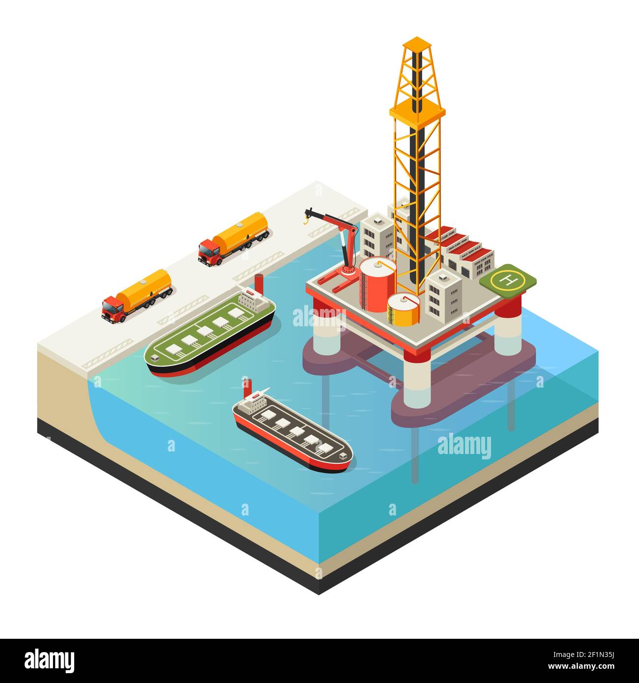 Concept de plate-forme d'huile d'eau isométrique avec chariots et navires pour illustration du vecteur isolé du transport du pétrole Illustration de Vecteur