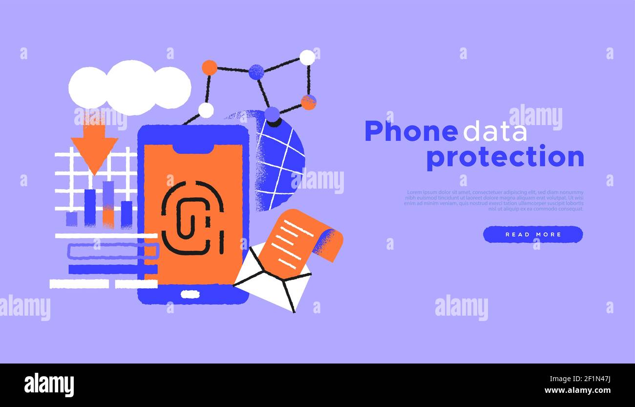 Modèle Web de protection des données du téléphone illustration des icônes Web de smartphone. Concept de sécurité des informations sur les smartphones dans un cartoo tendance dessiné à la main Illustration de Vecteur