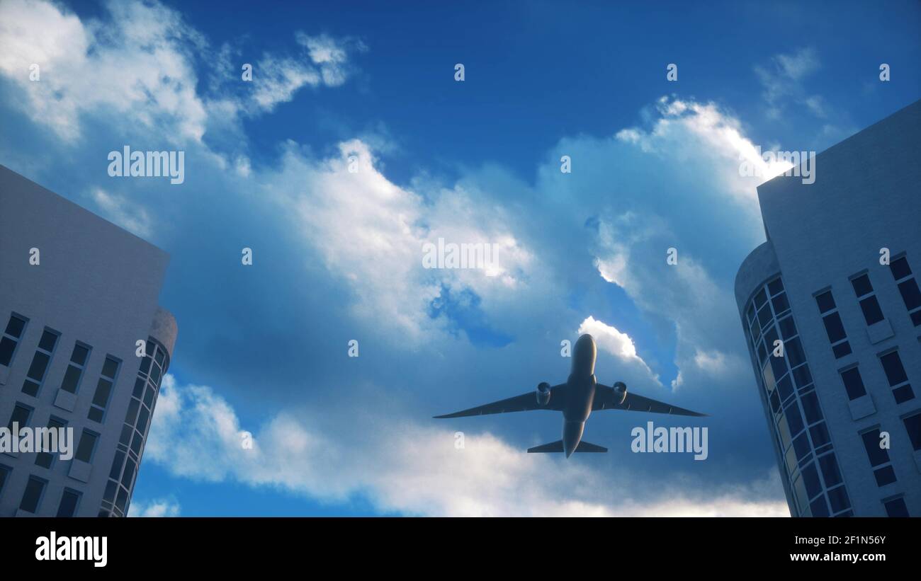 L'avion vole au-dessus des gratte-ciel contre de beaux nuages bleus, illustration 3d Banque D'Images