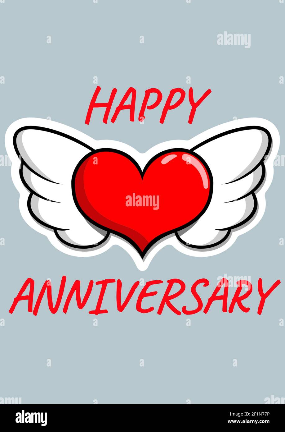 Texte Du Joyeux Anniversaire Et Coeur Rouge Avec Ailes En Bleu Arriere Plan Photo Stock Alamy