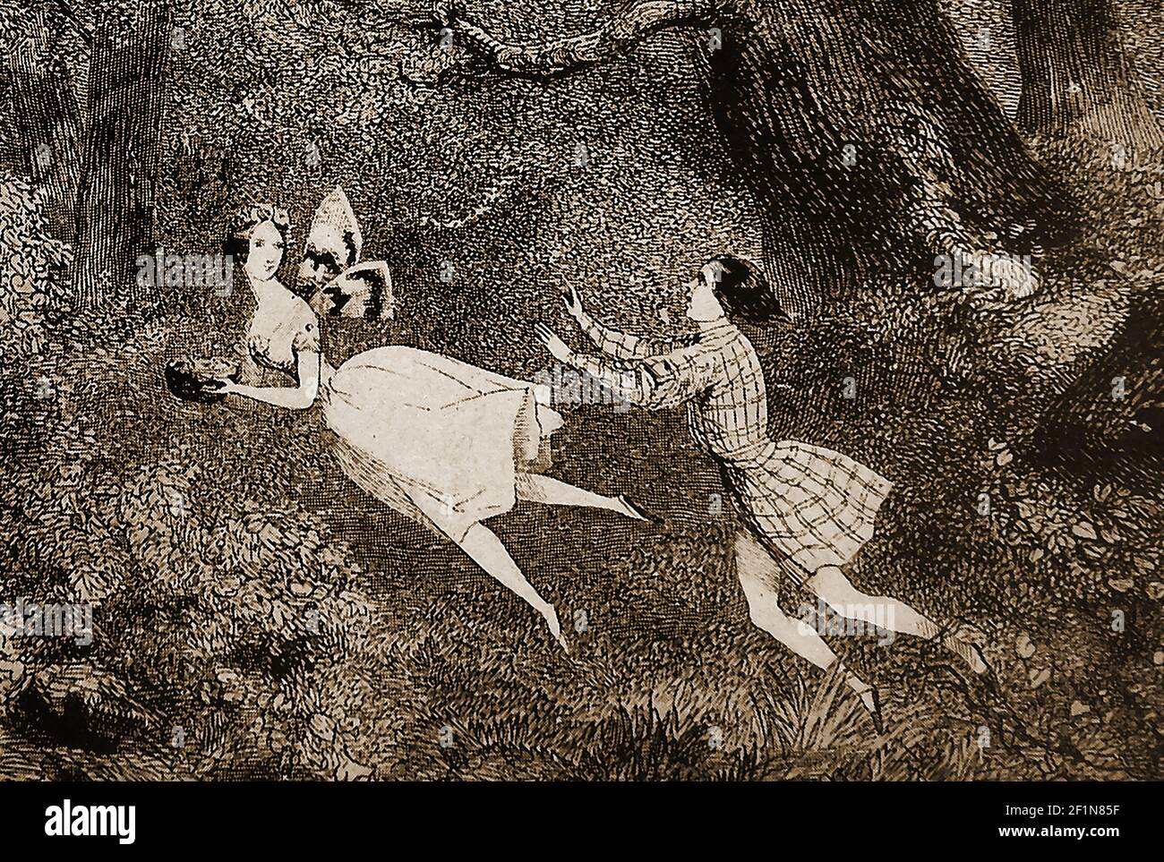 BALLET- une gravure du XIXe siècle montrant une scène de LA SYLPHIDE Act II ---- la Sylphide, également connue en danois sous le nom de Sylfiden, est un ballet romantique en deux actes. Deux versions sont connues l'original chorégraphié par Filippo Taglioni en 1832, et une autre chorégraphié par August Bournonville en 1836. Bourronville's (l'un des plus anciens ballets survivants du monde) est la seule version connue pour avoir survécu . La Sylphide a été le premier ballet connu où la danse en pointe a été utilisée à des fins artistiques (plutôt que comme une démonstration acrobatique). Banque D'Images
