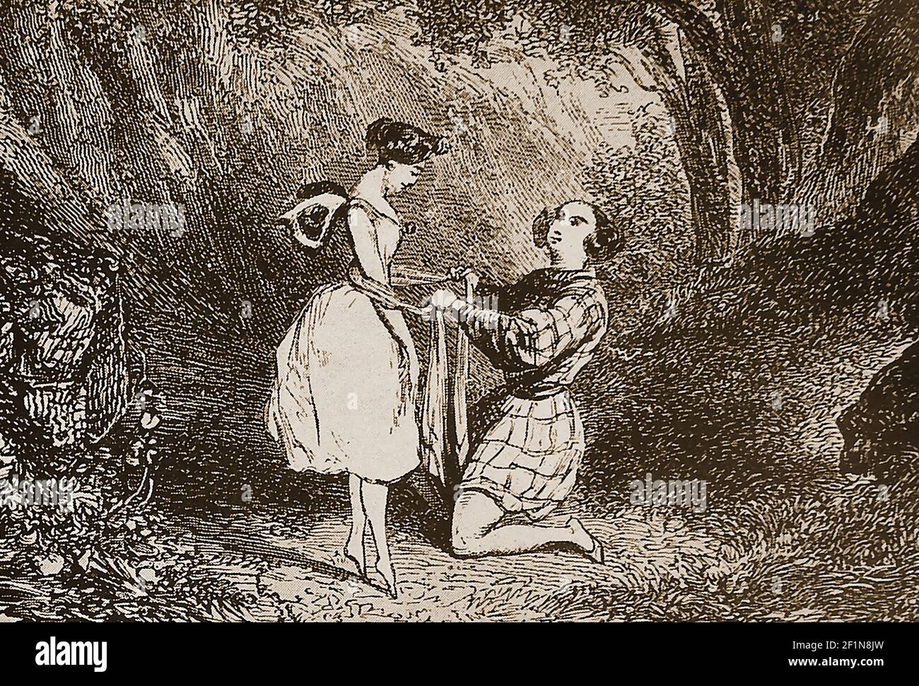 BALLET- une gravure du XIXe siècle montrant une scène de LA SYLPHIDE Act II ---- la Sylphide, également connue en danois sous le nom de Sylfiden, est un ballet romantique en deux actes. Deux versions sont connues l'original chorégraphié par Filippo Taglioni en 1832, et une autre chorégraphié par August Bournonville en 1836. Bourronville's (l'un des plus anciens ballets survivants du monde) est la seule version connue pour avoir survécu . La Sylphide a été le premier ballet connu où la danse en pointe a été utilisée à des fins artistiques (plutôt que comme une démonstration acrobatique). Banque D'Images