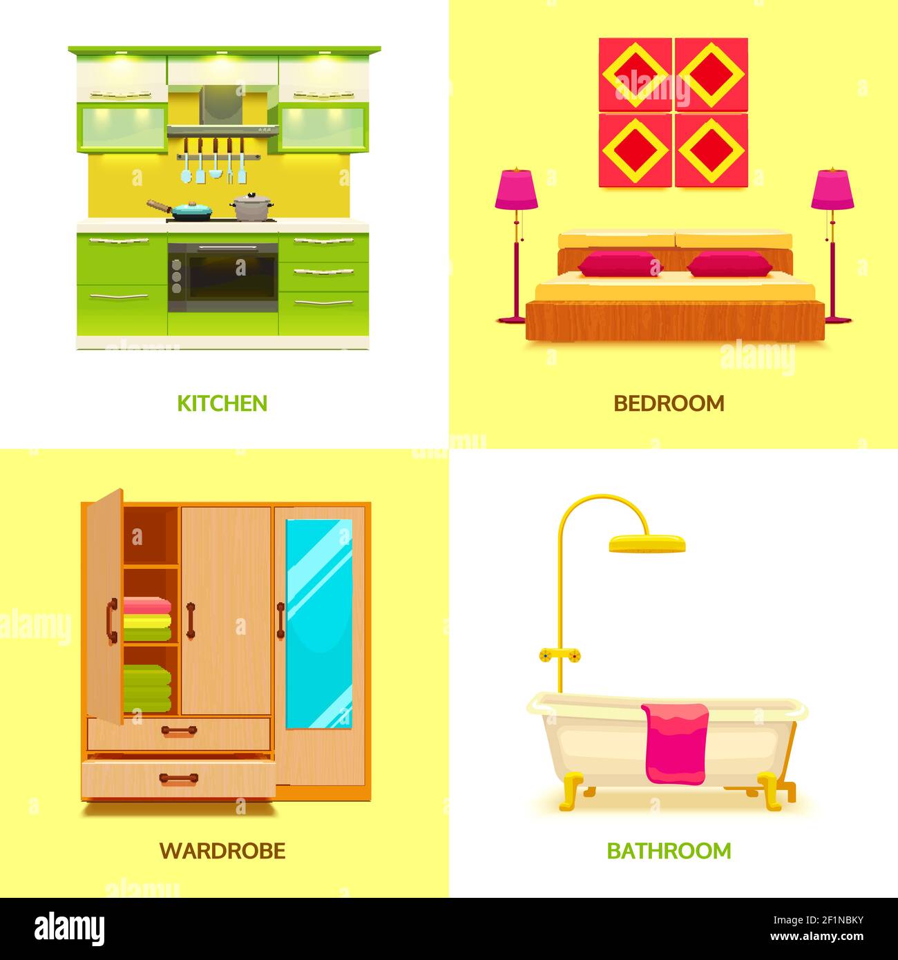 Composition carrée de style dessin animé isolé de quatre éléments intérieurs vivants dans la cuisine, chambre et salle de bains, illustration vectorielle plate Illustration de Vecteur