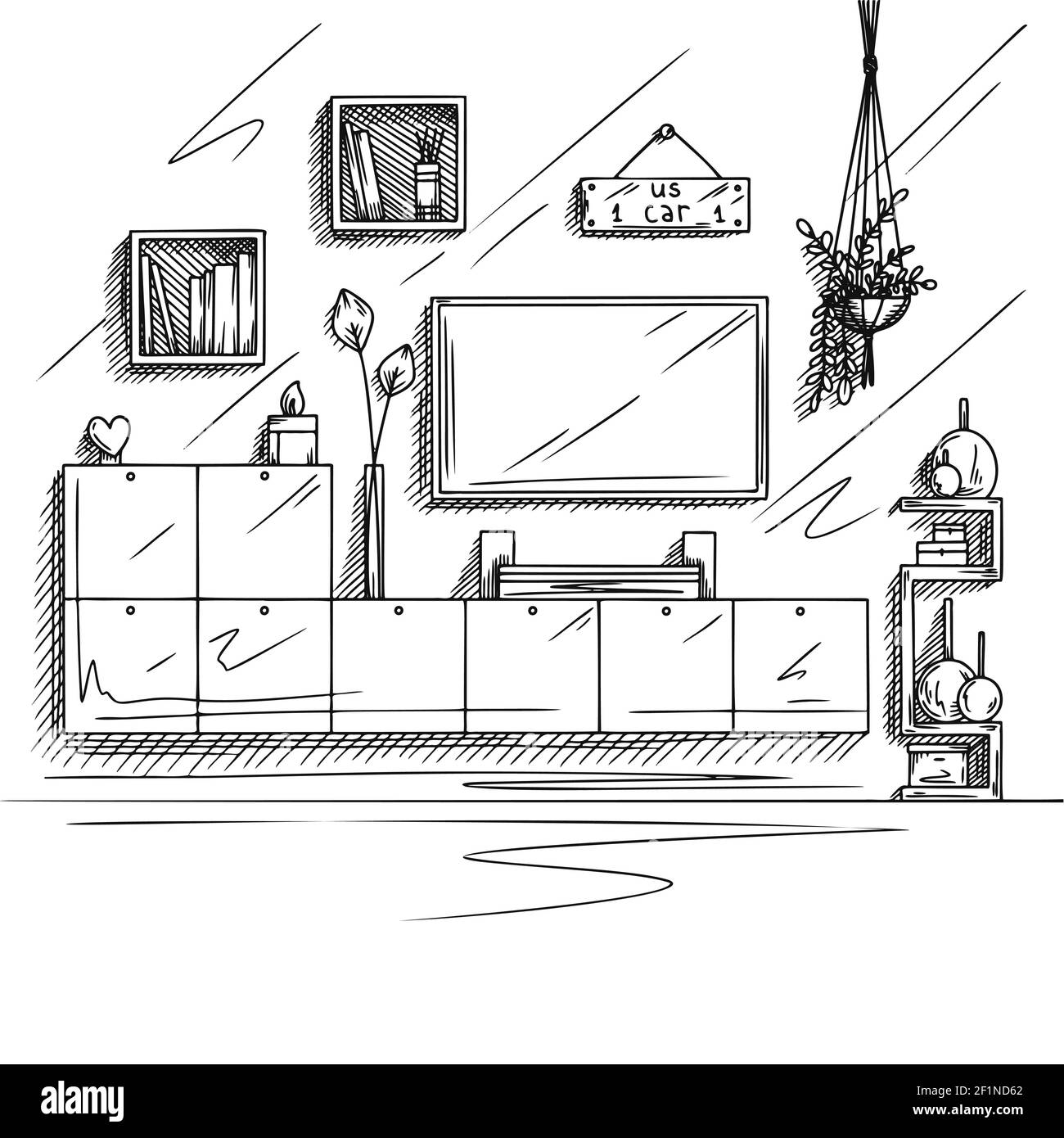 Une esquisse d'une salle de télévision. Meubles de télévision, autres éléments intérieurs. Illustration vectorielle Illustration de Vecteur
