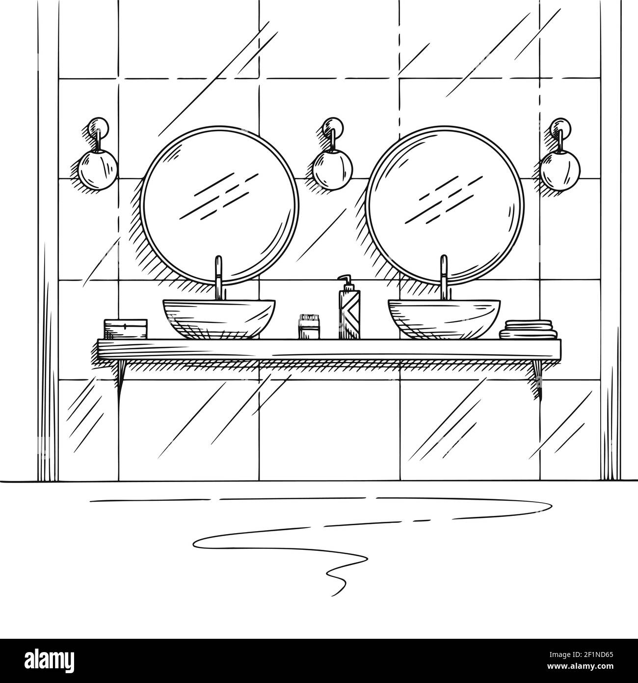 Croquis de la salle de bains. Deux lavabos, deux miroirs ronds et d'autres éléments de conception. Illustration vectorielle Illustration de Vecteur