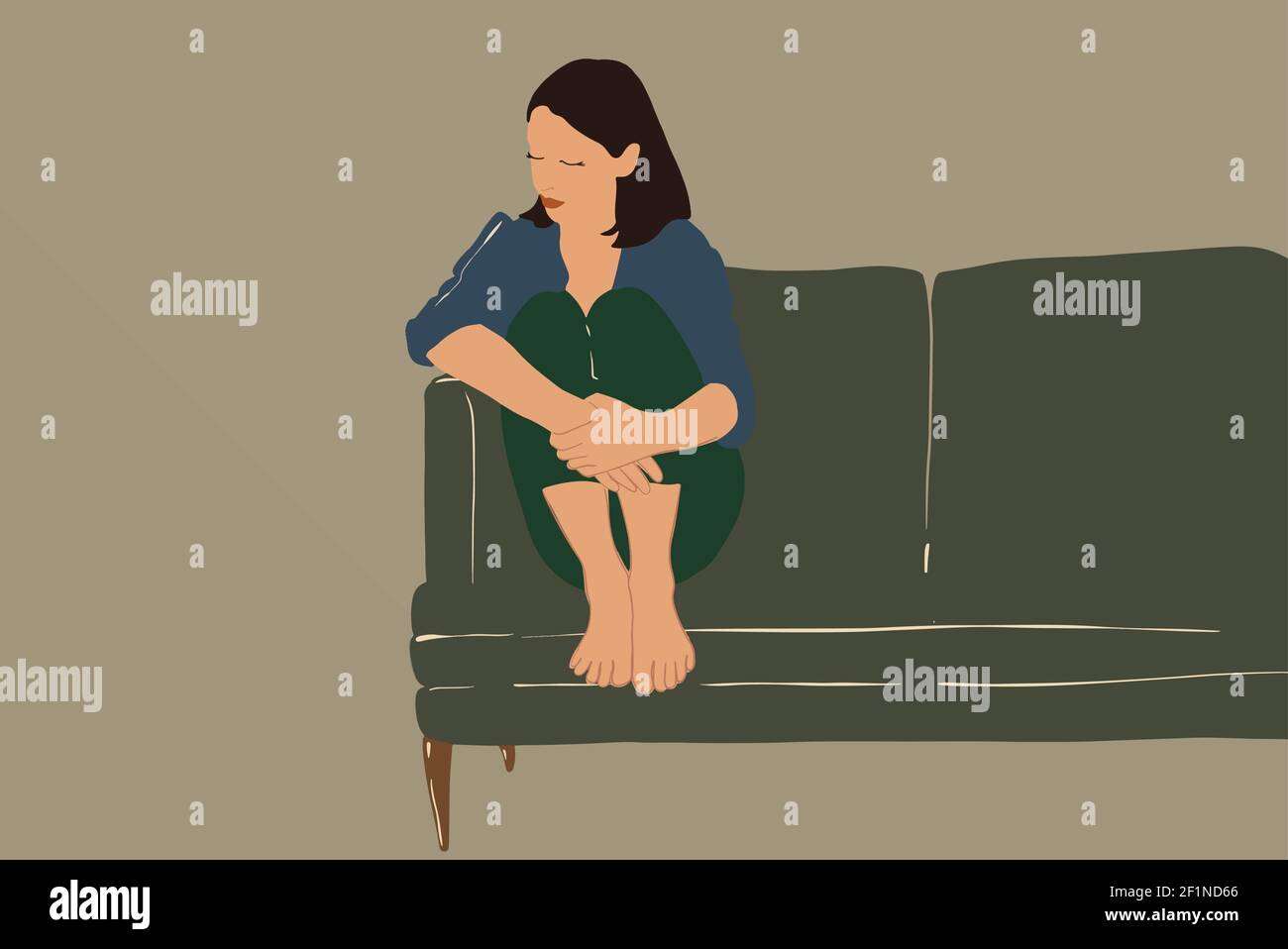Triste femme assise avec genoux pliés ayant l'épuisement émotionnel sur le canapé vert. Style plat avec couleurs discrètes. Concept de style de vie. Illustration de Vecteur