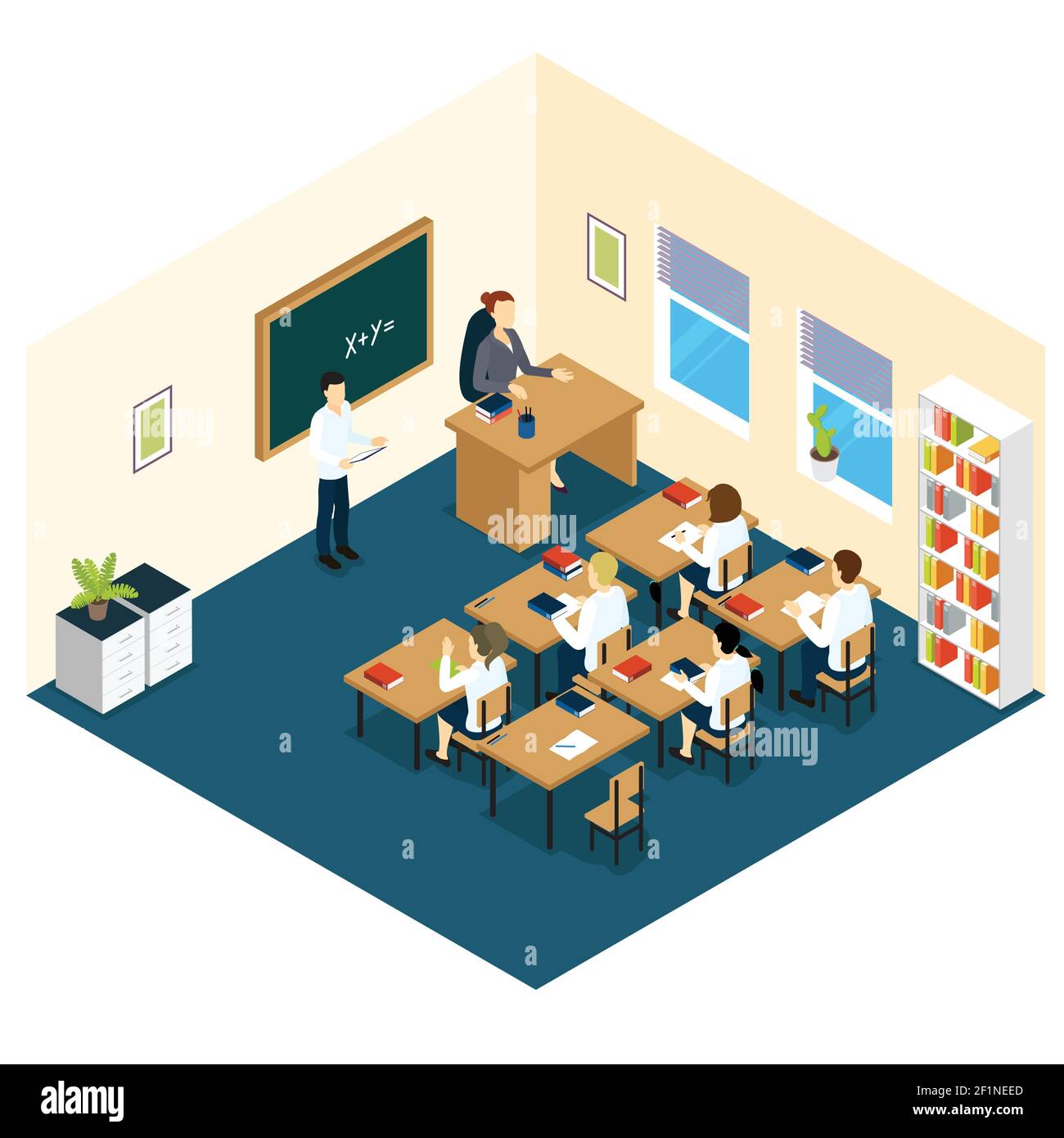 École salle de classe conception isométrique avec les enfants enseignants à leur bureau et l'illustration du vecteur boy near blackboard Illustration de Vecteur