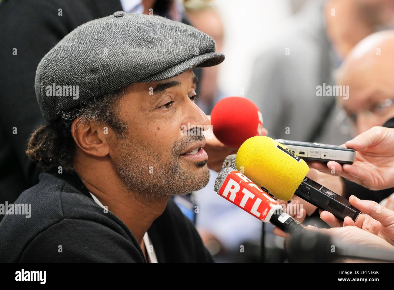 Yannick Noah, ancien joueur de tennis français et capitaine de l'équipe de la coupe Davis française, présente une conférence de presse lors du tournoi de tennis intérieur ATP World Tour Masters 1000, BNP Paribas Masters à Bercy (AccorHotels Arena), Paris, France, du 31 octobre au 8 novembre 2015. Photo Stephane Allaman / DPPI Banque D'Images
