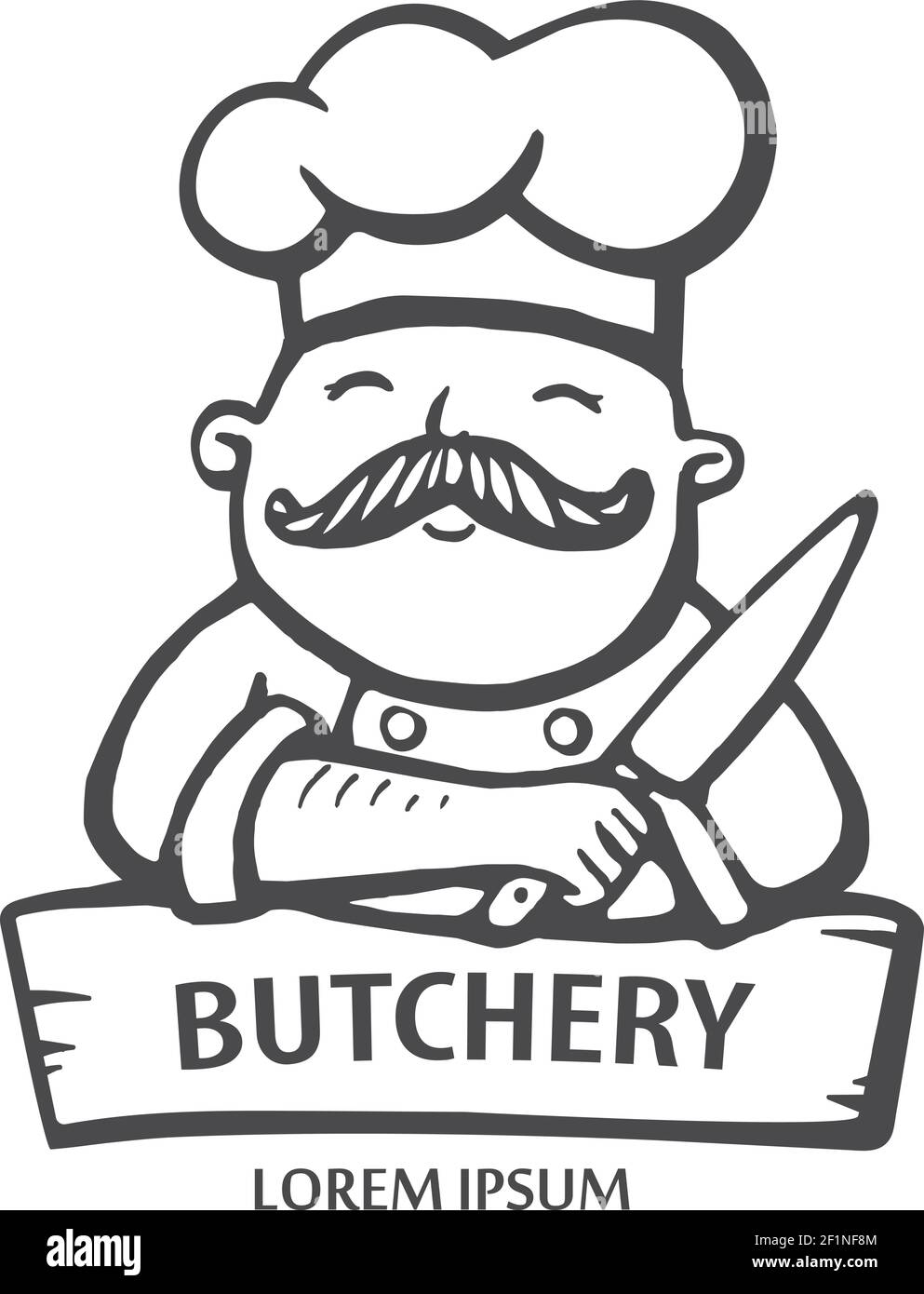 Logo de boucherie. Illustration vectorielle dessinée à la main d'un chef-cuisinière avec une moustache et un couteau dans une robe blanche. logo chef-cuisinière. Illustration de Vecteur