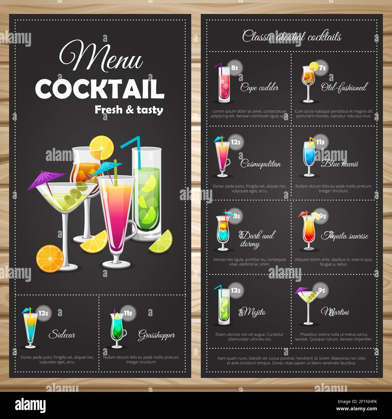 Menu cocktails alcoolisés classiques avec types de cocktails prix et ingrédients sur fond noir illustration vectorielle Illustration de Vecteur