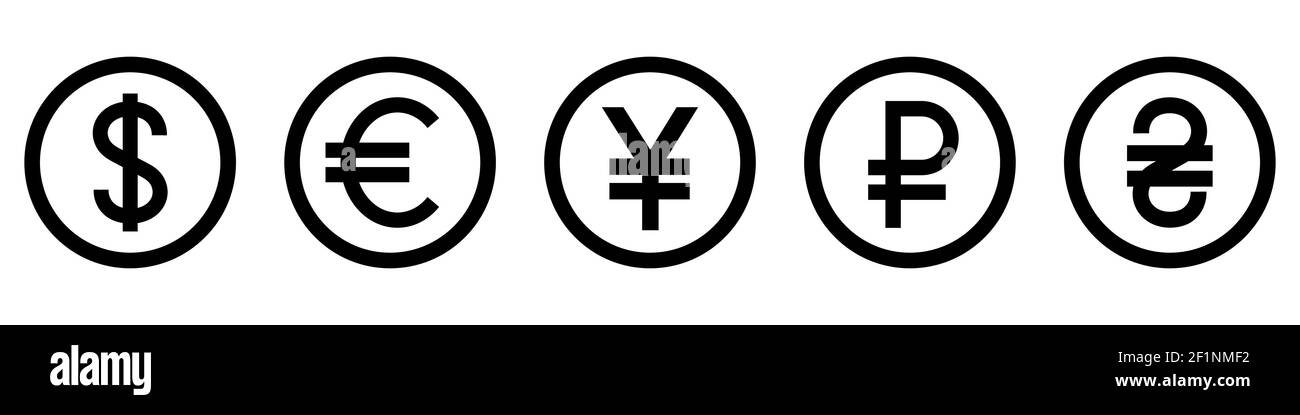 Signes monétaires de différents pays. Ensemble de symboles monétaires noirs. Illustration vectorielle. Illustration de Vecteur