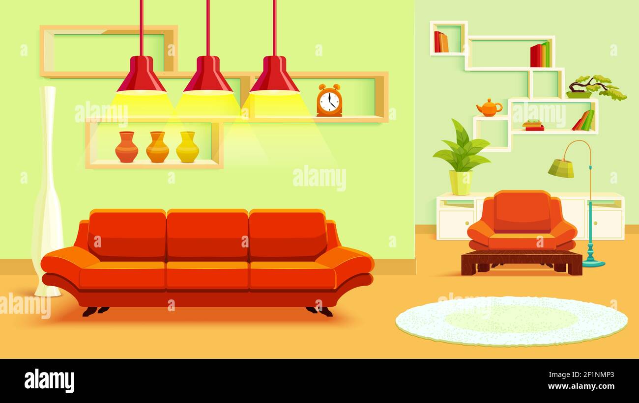 Décoration intérieure de la salle de séjour, coloris beige vert et rouge mobilier doux et illustration claire de moquette Illustration de Vecteur