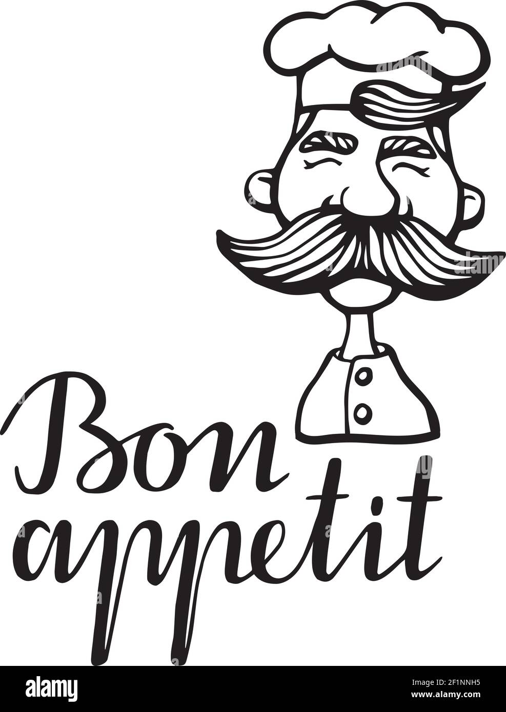 Illustration vectorielle dessinée à la main d'une cuisinière à chef avec une moustache dans une robe blanche. logo de tête de cuisinière à chef. Illustration de Vecteur