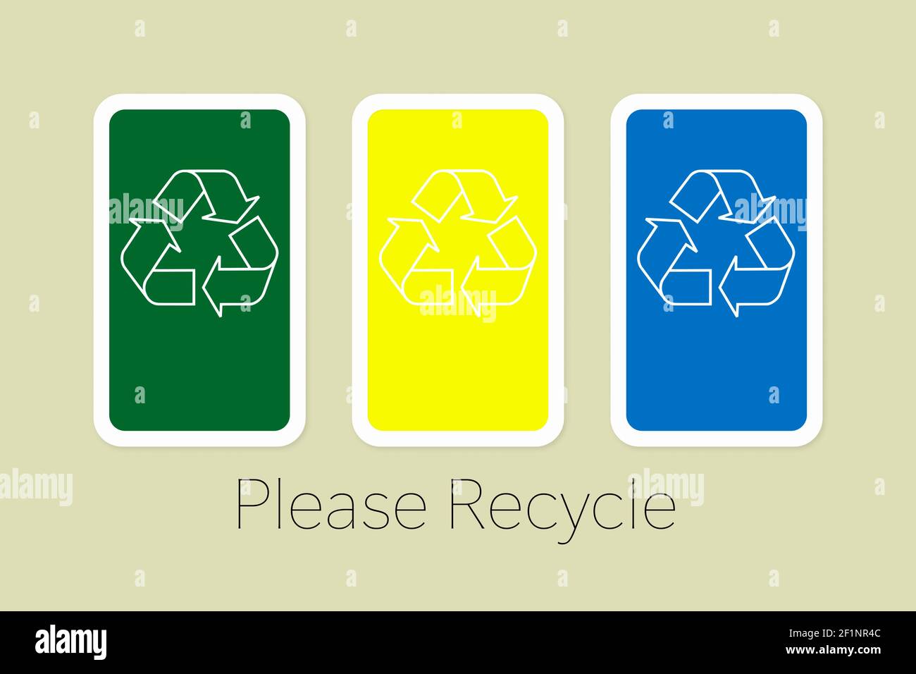 Illustration du symbole de recyclage sur les couleurs verte, jaune et bleue avec le texte « Please recycle ». Banque D'Images