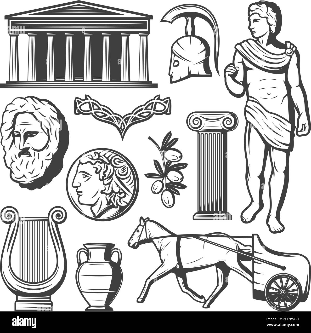 Vintage Grèce antique éléments ensemble avec casque grec visage philosophe parthénon olive branche colonne pièce char vase harpe vecteur isolé illustrati Illustration de Vecteur