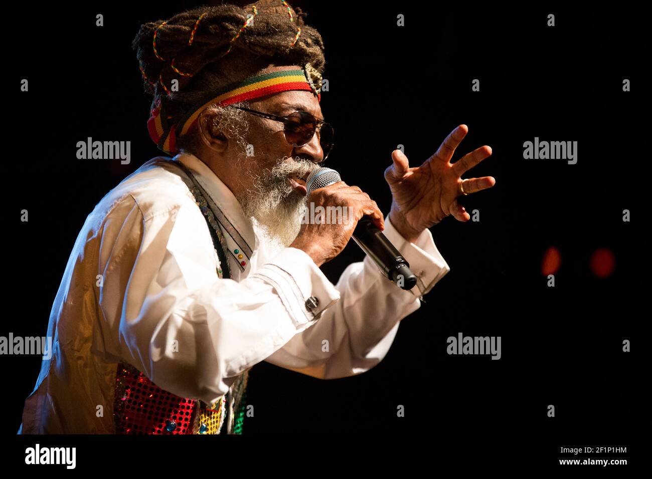 Michael Bunel / le Pictorium - Neville O'Riley Livingston, mieux connu sous le nom de Bunny Wailer - 20/07/2014 - France / Paris - Neville O'Riley Livingston, mieux connu sous le nom de Bunny Wailler sur la scène sauvage du cabaret, né le 10 avril 1947 à Kingston, est un chanteur jamaïcain. Wailer est l'un des membres fondateurs des Wailers, avec Bob Marley et Peter Tosh. Il chante, compose, et joue nyabinghi percussion. Il a quitté les Wailers en 1974 pour poursuivre une carrière solo. Banque D'Images