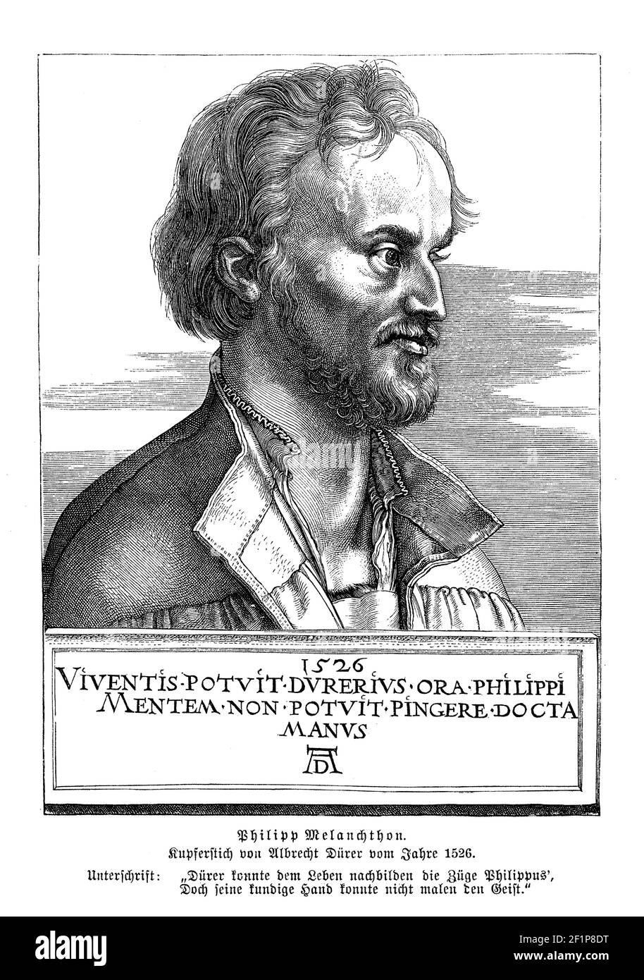 Philip Melanchthon (1497-1560), Professeur de grec à l'Université de Wittenberg, gravure d'Albrecht Duerer, année 1526, avec une inscription latine (traduction allemande) Banque D'Images