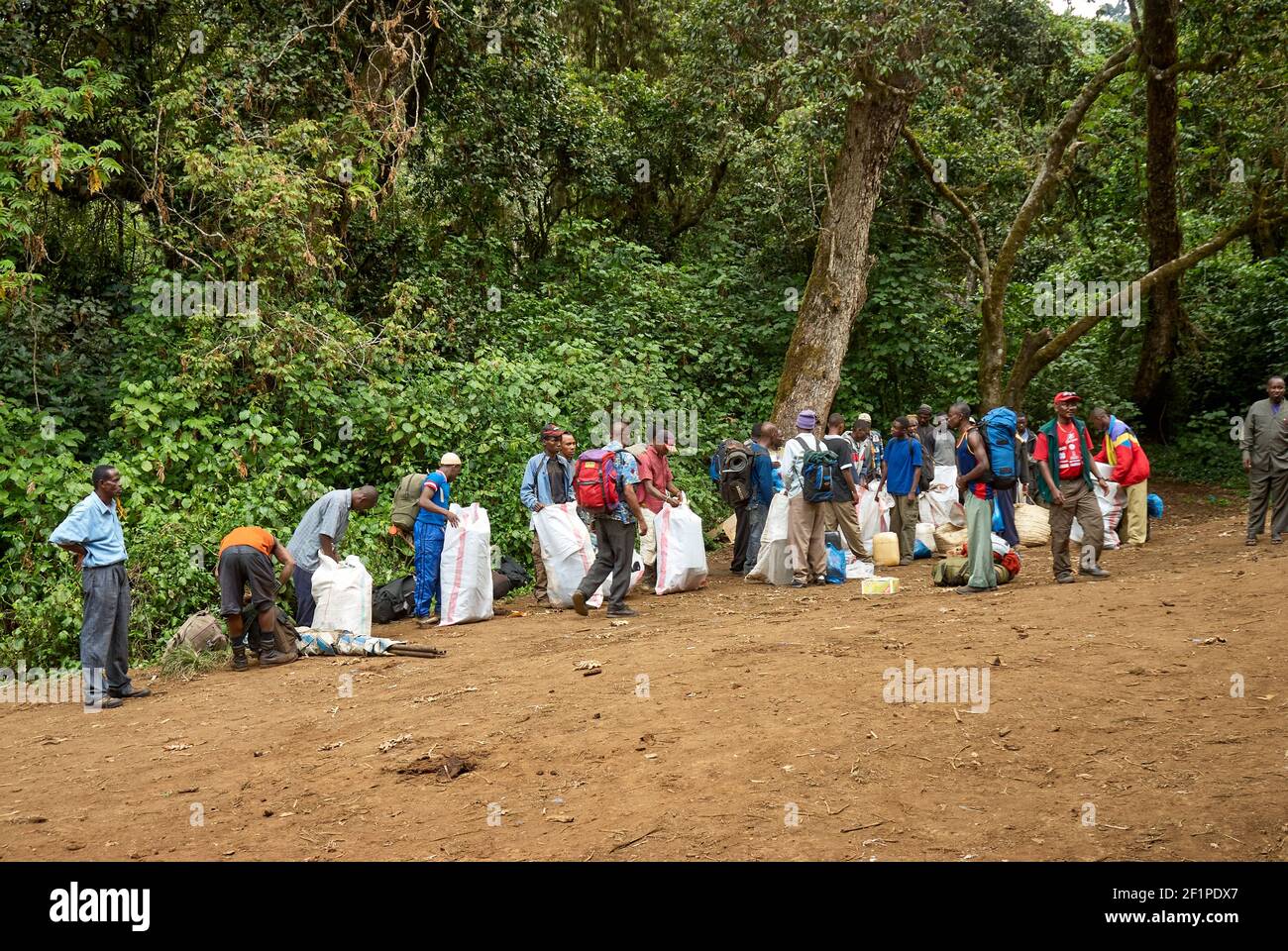 Porteurs avec bagages avant de grimper le Mont Kilimanjaro, Tanzanie,  Afrique Traeger sammeln sich zur Verteilung des Gepaecks vor dem Aufstieg  am Fusters Photo Stock - Alamy